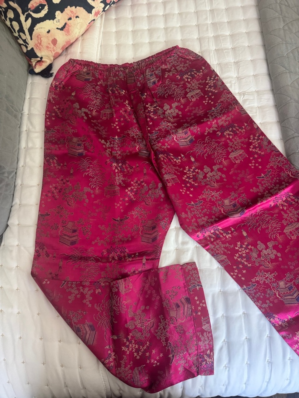 Deep Pink Satin Floral Chinese Pajama Pants